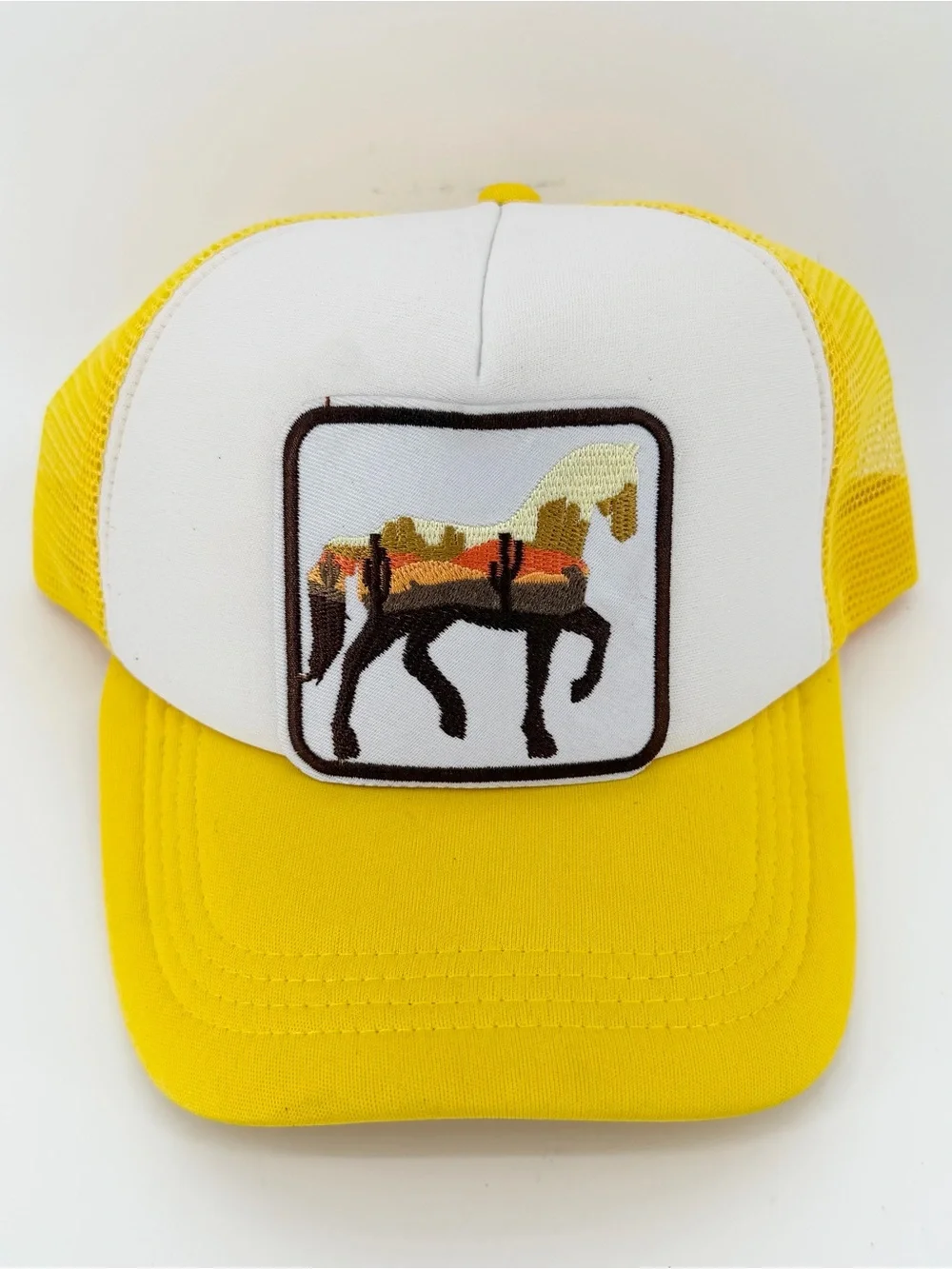 Western Desert Sunset Horse Patch Trucker Hat Yellow Snapback